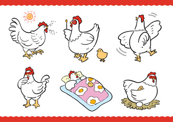 ニワトリの生活イラストセット_カラー © パフボール