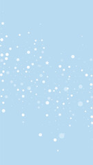 Snowy christmas background. Subtle flying snow flakes and stars on light blue winter backdrop. Delicate sweet snowy christmas. Vertical vector illustration.
