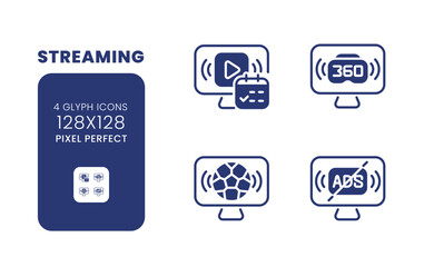 Streaming black solid desktop icons pack. Watching content online. Sports broadcasting. Pixel perfect 128x128, outline 4px. Symbols on white space. Glyph pictograms. Isolated vector images