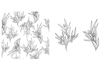 vector seamless pattern with Leaves and flowers and separate elements to create it. Black ink drawn leaves, twigs and small flowers. Black branch texture with foliage. Abstract plant motif.
