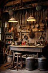 Fototapeta na wymiar Rustic Wood Shop, Work Shop With Old Rusted Tools Hanging on the Wall, Old Timey Rustic Feel, Generative AI