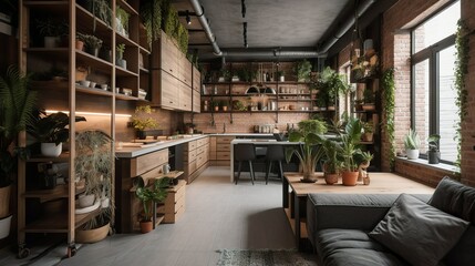 Cozy industrial-style futuristic capsule apartment interior