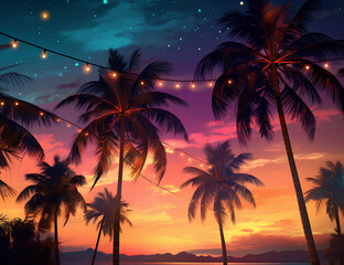Colorful night scene with palm trees and lights