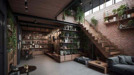 Warm and cozy capsule apartment interior with office