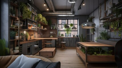 Modern and industrial style studio apartment interior with wooden details