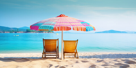 Beach with umbrellas and sun loungers - Generative AI