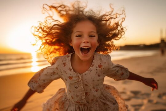 Twilight's Delight: A Child's Laughter Echoing Against the Sunset. Generative AI