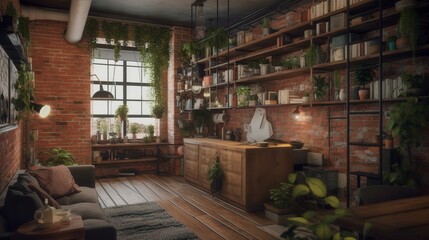 Modern studio apartment interior with white details and plants