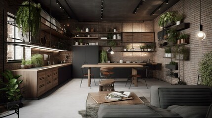 Fototapeta na wymiar Modern and industrial style studio apartment interior with wooden details and grey walls
