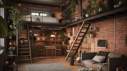 Industrial and bohemian style capsule apartment interior with brick walls and plants