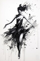 Generative AI, Beautiful dancing woman drawn by black ink or watercolor. Hand paint black and white fashion sketch.