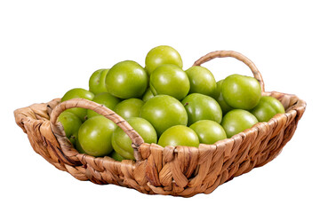 Green plum isolated on white background. A pile of green plums in a basket. close up