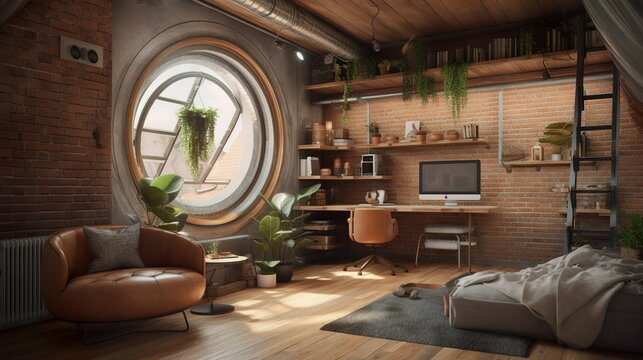 Futuristic capsule apartment  interior with cozy vibe and brick wall