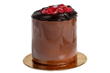Chocolate cake. Raspberry, chocolate and cream cake isolated on white background. Close up