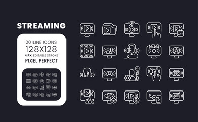 Streaming white linear desktop icons on black. Live video. Digital content. Broadcasting technology. Pixel perfect 128x128, outline 4px. Isolated interface symbols pack for dark mode. Editable stroke