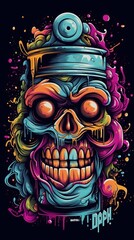 Colorful graffiti of spray can with angry scull  face on black background. Logo illustration with ai generation