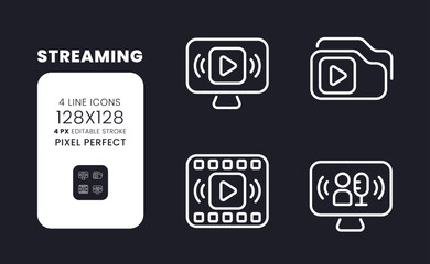 Streaming white linear desktop icons on black. Media content. Live tv. Online broadcasting platform. Pixel perfect 128x128, outline 4px. Isolated interface symbols pack for dark mode. Editable stroke