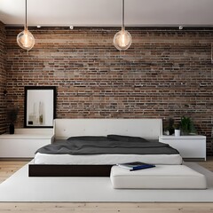 A minimalist loft bedroom with a floating platform bed, exposed brick walls, and a skylight1