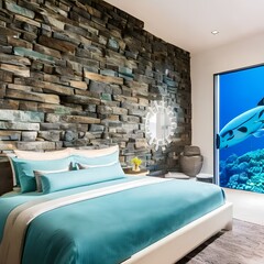 A futuristic underwater bedroom with a large acrylic wall showcasing marine life and a bed with a floating canopy5