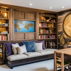 A magical Harry Potter-themed playroom with bookshelf wallpaper, a wizarding world map, and flying broomstick toys3 - obrazy, fototapety, plakaty