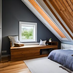 A cozy attic bedroom with sloped ceilings, skylights, and a built-in reading nook5