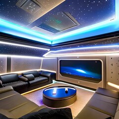 A sci-fi spaceship-inspired home theater with spaceship-like seating, LED starry ceiling, and spaceship console3