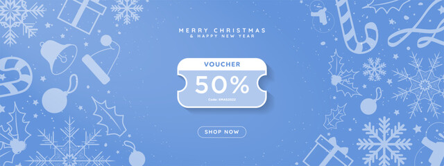 Simple White and Teal Blue Online Christmas 50% Voucher decorative christmas elements and Shop Now CTA Button. Pop up coupon with space for code and 50% off. Editable Vector Illustration. EPS 10. - obrazy, fototapety, plakaty