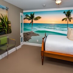 A tropical beach-themed bedroom with a sandy-colored palette, surfboard decor, and palm tree murals2