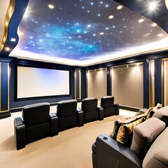A celestial-themed home theater with starry ceiling, galaxy projector, and plush reclining seats2