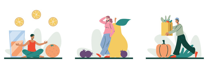 Set of male buying vegetables, man and woman selecting fruits for juice and meal. Healthy lifestyle concept. Choose vegetables and fruits. Natural products for eat concept. Flat vector illustration