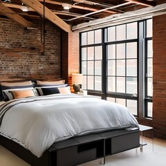 An industrial-style loft bedroom with exposed beams, brick walls, and a metal platform bed4