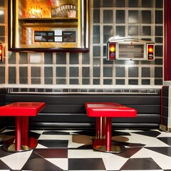A retro diner-style dining room with red vinyl booth seating, a jukebox, and checkerboard flooring4