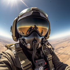 Airforce pilot taking selfie in aircraft with helmet on
