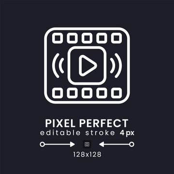 On-demand streaming white linear desktop icon on black. Subscription-based provider. Media service. Pixel perfect 128x128, outline 4px. Isolated user interface symbol for dark theme. Editable stroke
