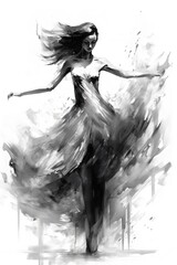 Fototapeta premium Generative AI, Beautiful dancing woman drawn by black ink or watercolor. Hand paint black and white fashion sketch.