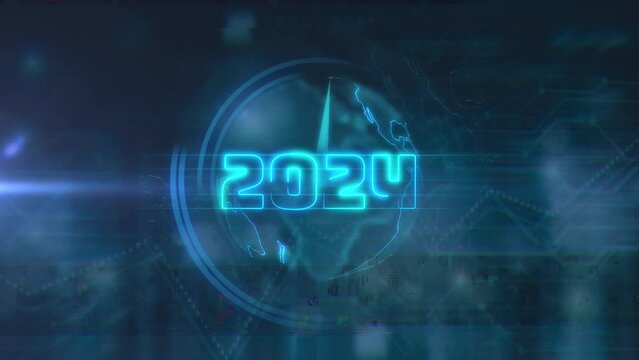 Close up of globe and digital clock counting last moments before New Year 2024 event