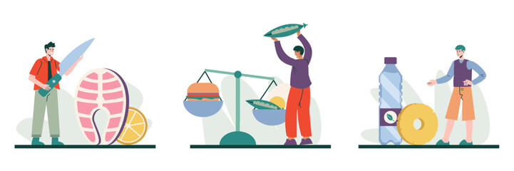 Set of man choosing between healthy and unhealthy food, male cutting fish. Choose fish, peas, vegetables and fruits. Natural products for eat concept. Flat vector illustration in cartoon style