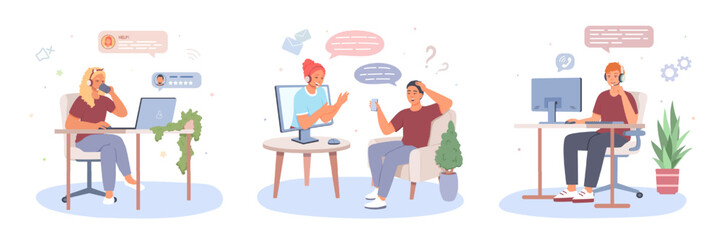 Set of different workers helping customers. Man calling to support line. Hotline operators, technical global support. Consultation and help for customers. Flat vector illustration in cartoon style