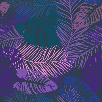 Seamless pattern of abstract tropical leaves on a dark background.