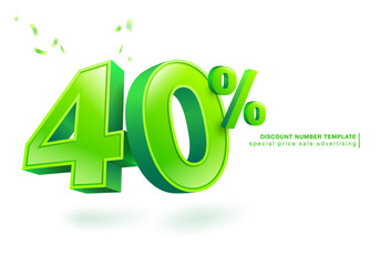 40 percent discount. Green lettering template on 40% numbers in three dimensional style. Use for promotional ads in special sale isolated on white background. illustration vector file. - obrazy, fototapety, plakaty