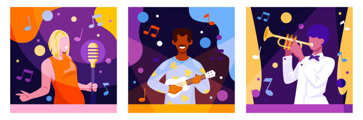 Lady singing song in microphone on party. American male holding ukulele and playing song. Stylish musician playing on trumpet. Concept of creating music. Flat vector illustration in cartoon style