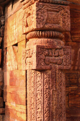 Inscriptions carved on Carved Stone Pillar Qutub Minar column in The tallest minaret in India is a marble and red sandstone tower that represents the beginning of Muslim rule in the country, New Delhi
