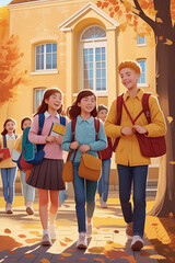 "Back-to-school portrayed through Van Gogh-inspired digital illustration. Cheerful student group. 🎨🎒"