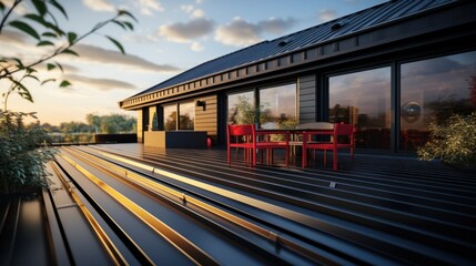 Fototapeta premium corrugated metal roof installed in a modern house. Corrugated metal roof Modern roof made of metal Metal sheet roof.