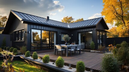 corrugated metal roof installed in a modern house. Corrugated metal roof Modern roof made of metal Metal sheet roof. - obrazy, fototapety, plakaty