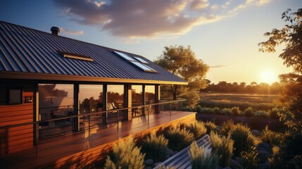 Fototapeta premium corrugated metal roof installed in a modern house. Corrugated metal roof Modern roof made of metal Metal sheet roof.