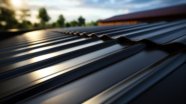 corrugated metal roof installed in a modern house. Corrugated metal roof Modern roof made of metal Metal sheet roof.