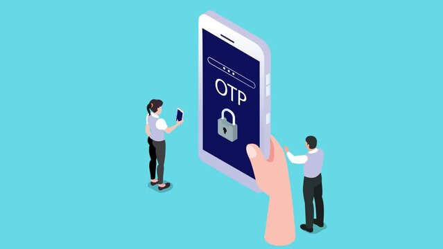 OTP One-time password for secure transaction on digital payment or online banking transaction isometric 3d cartoon animation in 4k resolution