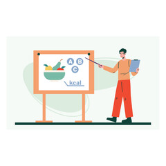 Young male standing near board and teaching about vitamins. Study of healthy eating. Measuring calories, healthy ingredients and vitamins in different vegetables. Flat vector illustration