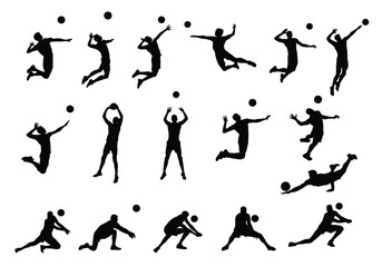 Set of male volleyball players in various poses. Isolated vector silhouettes, team sport and beach volleyball